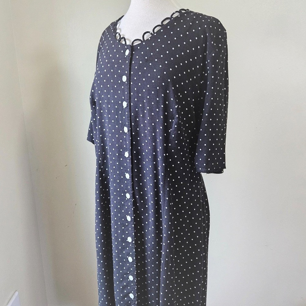 Vtg 90s Debra Martin Polka Dot Dress Button Front Scalloped Neck Lace Up Back 14